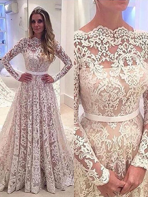 A-Line/Princess Bateau Long Sleeves Lace Court Train Wedding Dresses 621