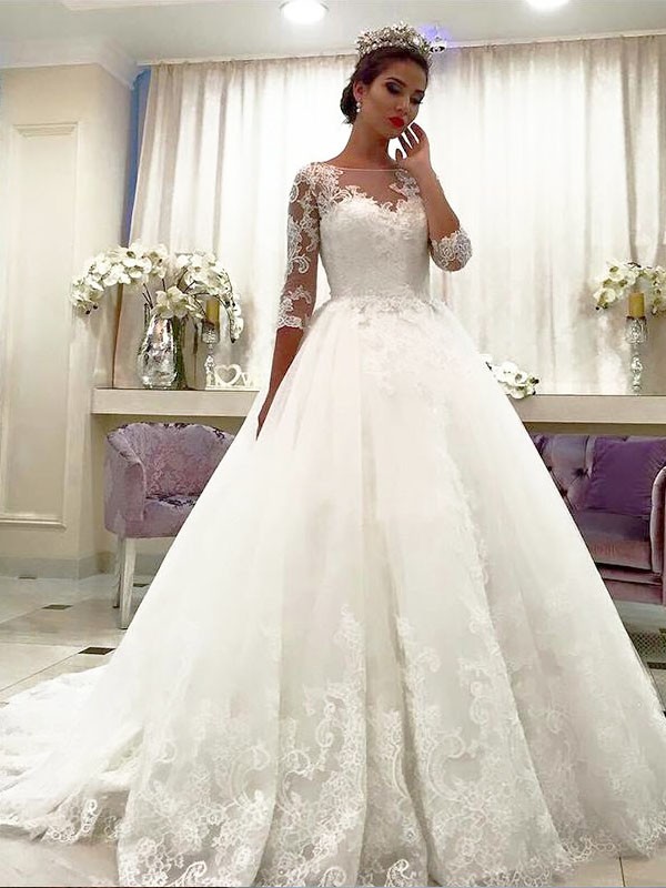 Ball Gown Tulle 3/4 Sleeves Bateau Lace Court Train Wedding Dresses 1291