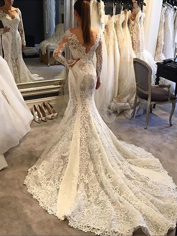 Trumpet/Mermaid V-neck Long Sleeves Court Train Lace Wedding Dresses 1744