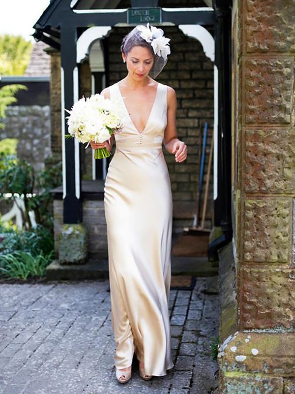 Sheath/Column Silk like Satin Sleeveless V-neck Floor-Length Wedding Dresses 1433