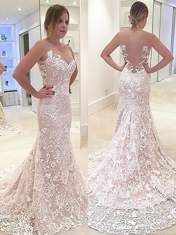 Trumpet/Mermaid Lace Sleeveless Sweetheart Sweep/Brush Train Wedding Dresses 1586