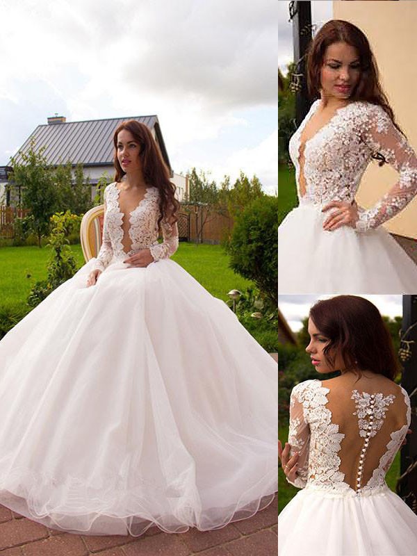 Ball Gown V-neck Tulle Long Sleeves Court Train Wedding Dresses 1339