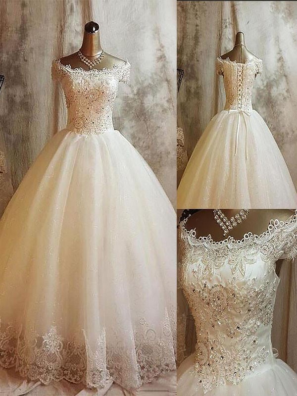 Ball Gown Applique Off-the-Shoulder Sweep/Brush Train Sleeveless Tulle Wedding Dresses 1169