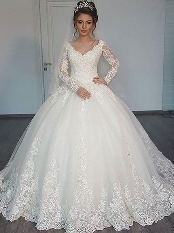 Ball Gown Long Sleeves Floor-Length V-neck Tulle Wedding Dresses 1193