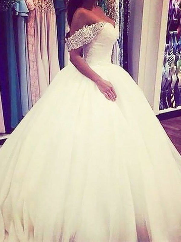 Ball Gown Tulle Off-the-Shoulder Sweep/Brush Train Sleeveless Beading Wedding Dresses 1311