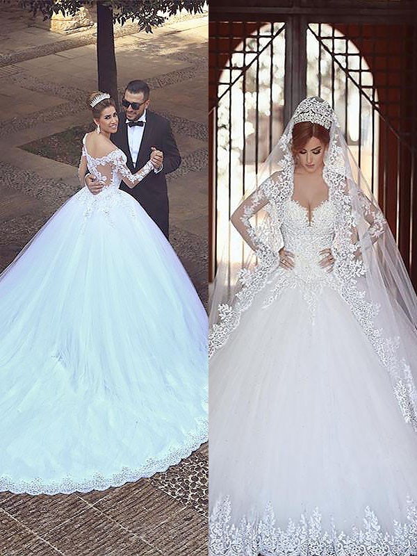 Ball Gown Tulle Long Sleeves Off-the-Shoulder Chapel Train Wedding Dresses 1305