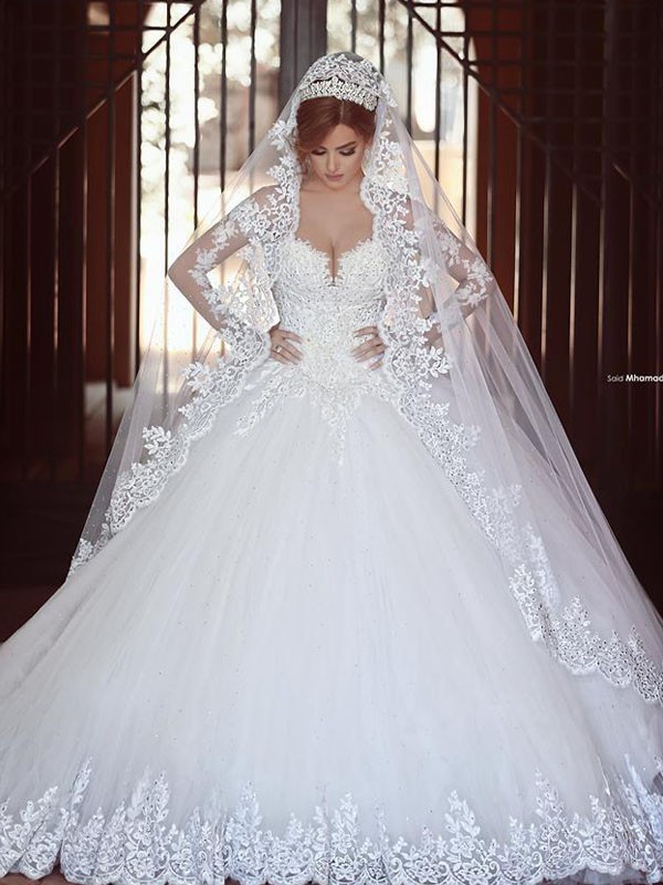 Ball Gown Tulle Long Sleeves Off-the-Shoulder Chapel Train Wedding Dresses 1305