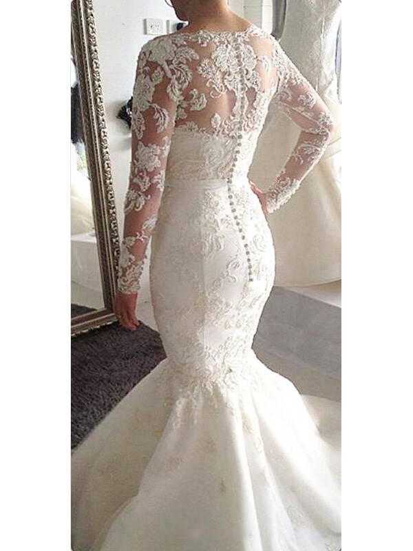 A-Line/Princess Bateau Long Sleeves Tulle Court Train Applique Wedding Dresses 622