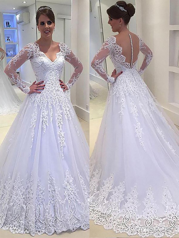 A-Line/Princess Applique V-neck Court Train Tulle Long Sleeves Wedding Dresses 617