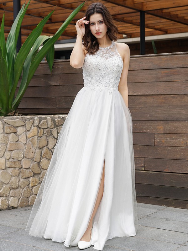 A-Line/Princess Tulle Lace Scoop Sleeveless Floor-Length Wedding Dresses 1060