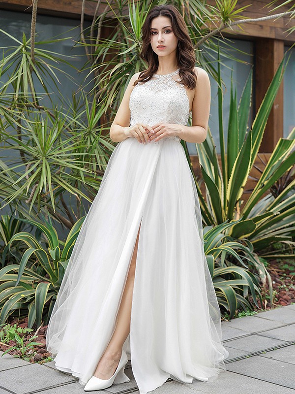 A-Line/Princess Tulle Lace Scoop Sleeveless Floor-Length Wedding Dresses 1060