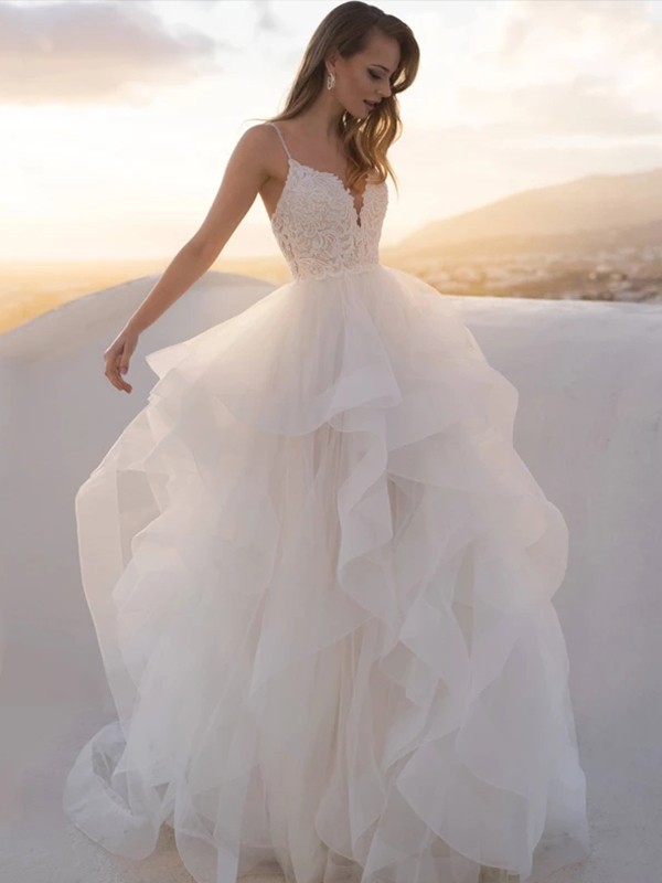 A-Line/Princess Tulle Lace V-neck Sleeveless Sweep/Brush Train Wedding Dresses 1077