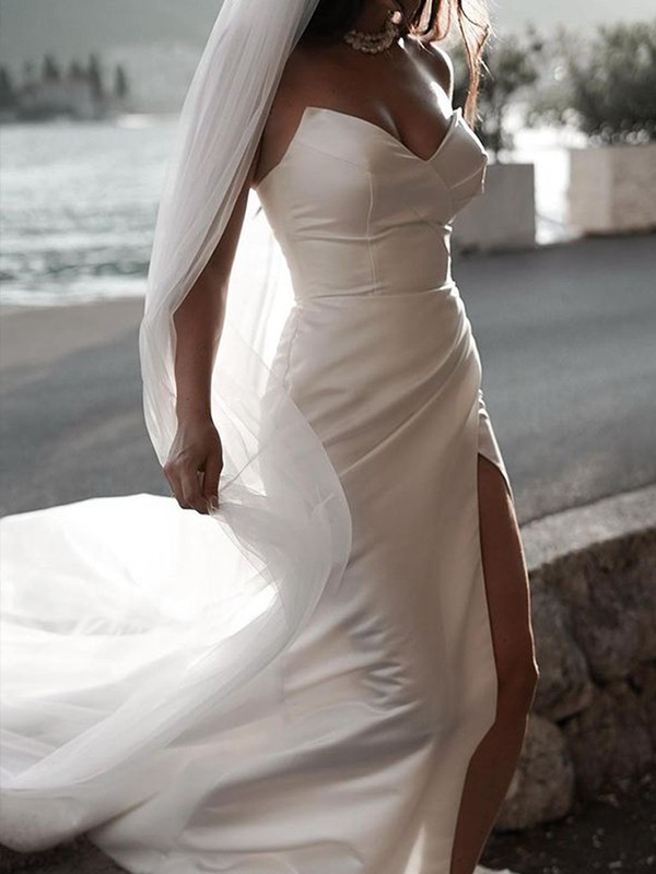 Sheath/Column Satin Ruched Sweetheart Sleeveless Sweep/Brush Train Wedding Dresses 1427