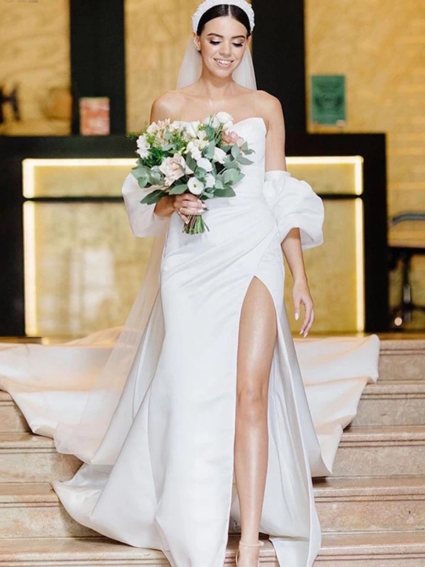 Sheath/Column Satin Ruched Sweetheart Sleeveless Sweep/Brush Train Wedding Dresses 1428