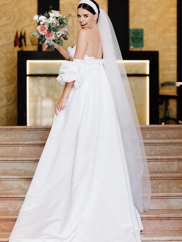 Sheath/Column Satin Ruched Sweetheart Sleeveless Sweep/Brush Train Wedding Dresses 1428