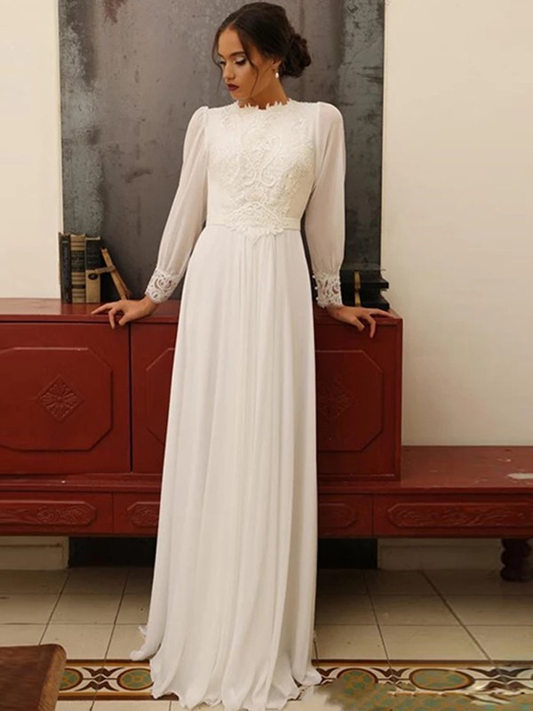 A-Line/Princess Chiffon Lace Jewel Long Sleeves Floor-Length Wedding Dresses 642