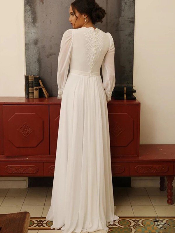 A-Line/Princess Chiffon Lace Jewel Long Sleeves Floor-Length Wedding Dresses 642