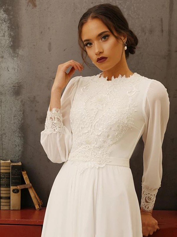 A-Line/Princess Chiffon Lace Jewel Long Sleeves Floor-Length Wedding Dresses 642