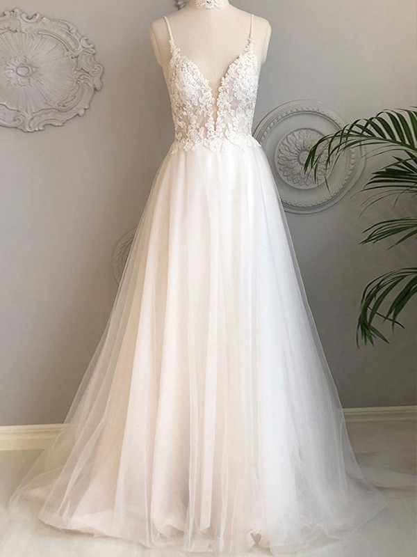 A-Line/Princess Tulle Applique V-neck Sleeveless Sweep/Brush Train Wedding Dresses 1041