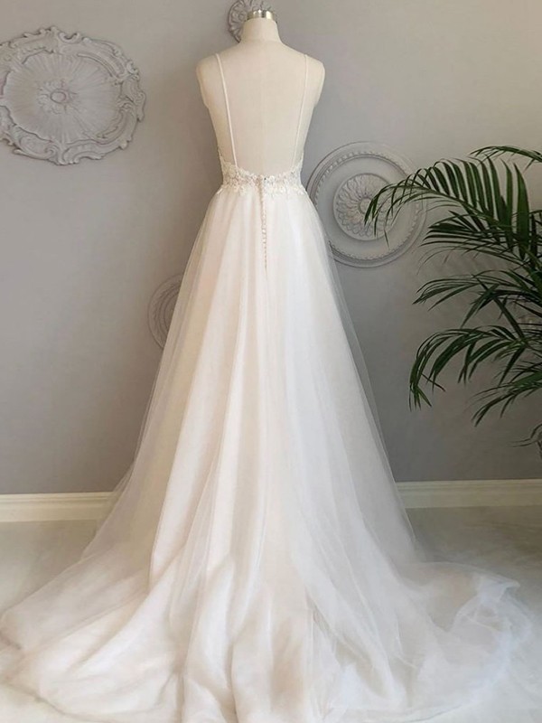 A-Line/Princess Tulle Applique V-neck Sleeveless Sweep/Brush Train Wedding Dresses 1041