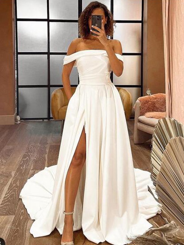 A-Line/Princess Stretch Crepe Ruched Off-the-Shoulder Sleeveless Sweep/Brush Train Wedding Dresses 815