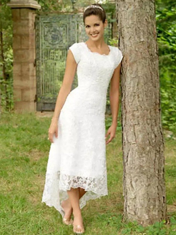 A-Line/Princess Lace Scoop Short Sleeves Asymmetrical Wedding Dresses 742