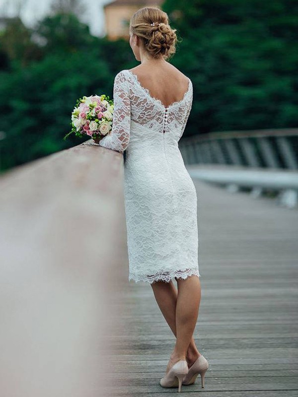 Sheath/Column Lace Scoop Long Sleeves Knee-Length Wedding Dresses 1393