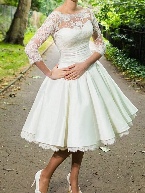 A-Line/Princess Stretch Crepe Lace Scoop 3/4 Sleeves Knee-Length Wedding Dresses 938