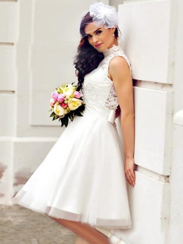 A-Line/Princess Tulle Lace High Neck Sleeveless Knee-Length Wedding Dresses 1047