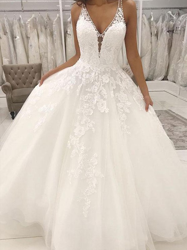 A-Line/Princess Tulle Applique V-neck Sleeveless Sweep/Brush Train Wedding Dresses 1859