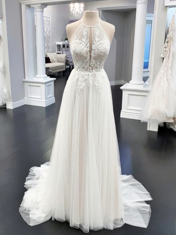 A-Line/Princess Tulle Applique Halter Sleeveless Sweep/Brush Train Wedding Dresses 973