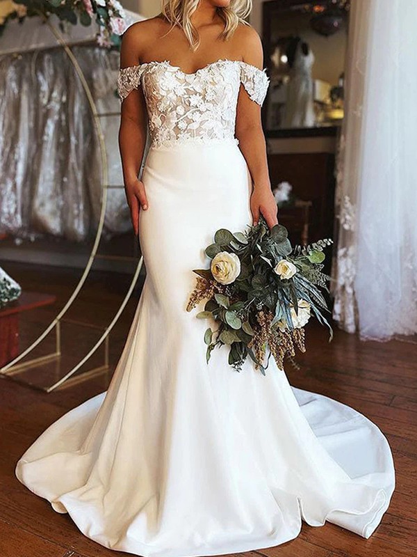 Sheath/Column Stretch Crepe Applique Off-the-Shoulder Sleeveless Sweep/Brush Train Wedding Dresses 1454