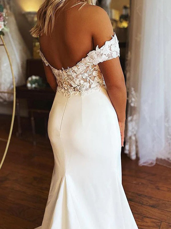 Sheath/Column Stretch Crepe Applique Off-the-Shoulder Sleeveless Sweep/Brush Train Wedding Dresses 1454