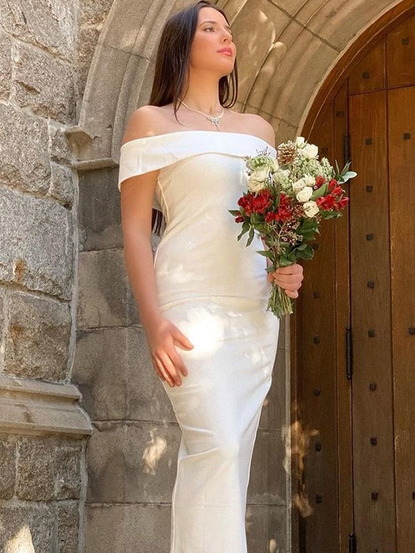 Sheath/Column Stretch Crepe Ruffles Off-the-Shoulder Sleeveless Floor-Length Wedding Dresses 1507