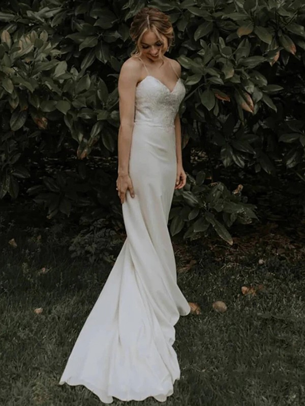 Sheath/Column Stretch Crepe Lace Spaghetti Straps Sleeveless Sweep/Brush Train Wedding Dresses 1468