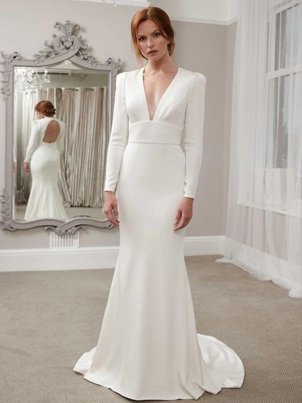 Sheath/Column Stretch Crepe Ruffles V-neck Long Sleeves Sweep/Brush Train Wedding Dresses 1516