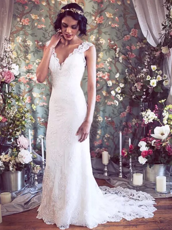 Sheath/Column Tulle Lace V-neck Sleeveless Sweep/Brush Train Wedding Dresses 1532