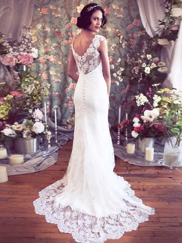 Sheath/Column Tulle Lace V-neck Sleeveless Sweep/Brush Train Wedding Dresses 1532