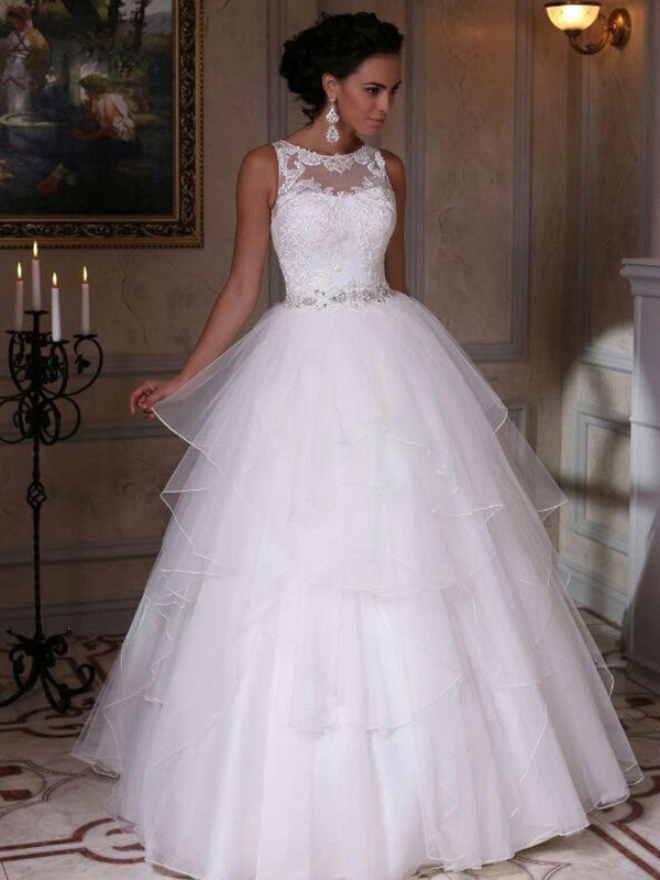 A-Line/Princess Organza Layers Jewel Sleeveless Floor-Length Wedding Dresses 773