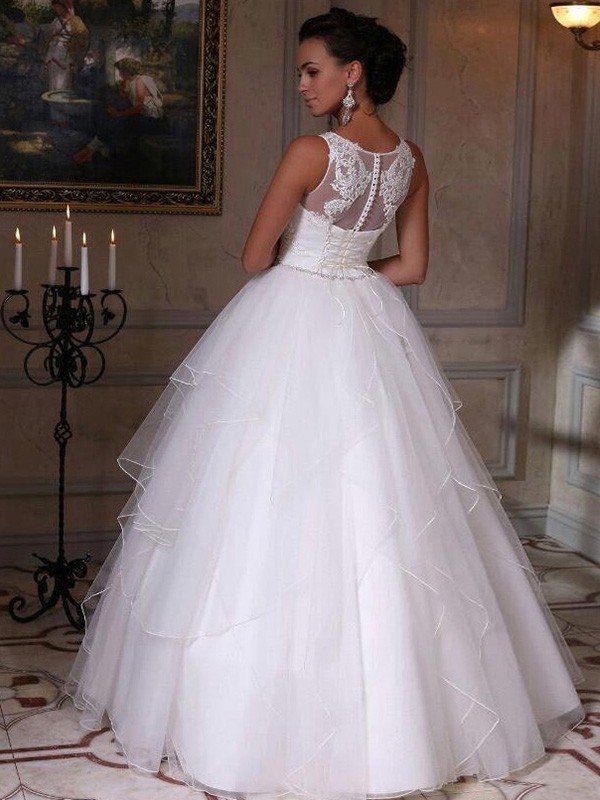 A-Line/Princess Organza Layers Jewel Sleeveless Floor-Length Wedding Dresses 773