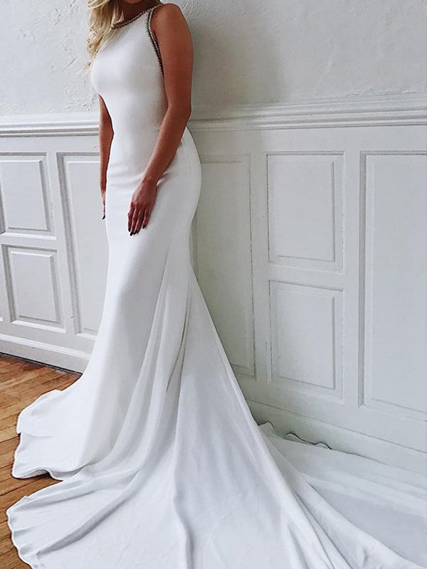 Trumpet/Mermaid Stretch Crepe Beading Jewel Sleeveless Court Train Wedding Dresses 1683