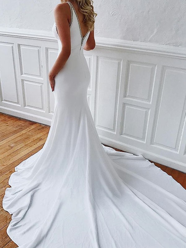 Trumpet/Mermaid Stretch Crepe Beading Jewel Sleeveless Court Train Wedding Dresses 1683