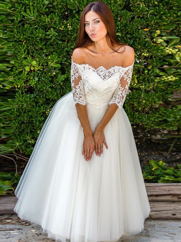 A-Line/Princess Tulle Lace Off-the-Shoulder 1/2 Sleeves Ankle-Length Wedding Dresses 1048