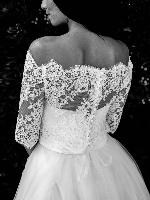 A-Line/Princess Tulle Lace Off-the-Shoulder 1/2 Sleeves Ankle-Length Wedding Dresses 1048