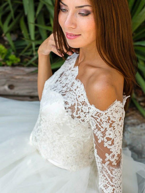 A-Line/Princess Tulle Lace Off-the-Shoulder 1/2 Sleeves Ankle-Length Wedding Dresses 1048