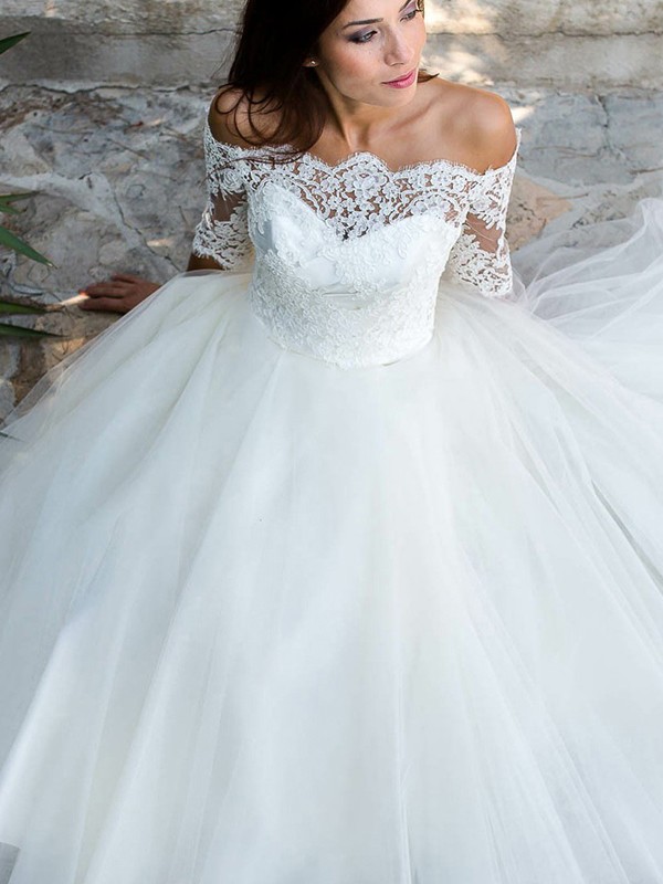 A-Line/Princess Tulle Lace Off-the-Shoulder 1/2 Sleeves Ankle-Length Wedding Dresses 1048