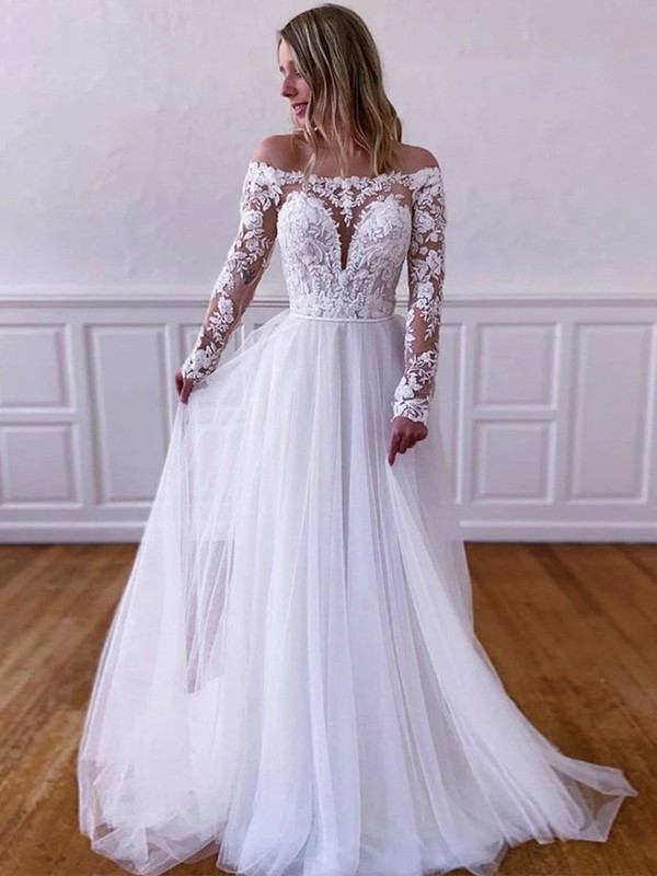 A-Line/Princess Tulle Lace Off-the-Shoulder Long Sleeves Sweep/Brush Train Wedding Dresses 1050