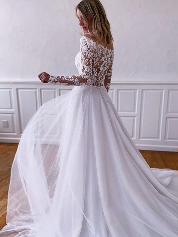 A-Line/Princess Tulle Lace Off-the-Shoulder Long Sleeves Sweep/Brush Train Wedding Dresses 1050