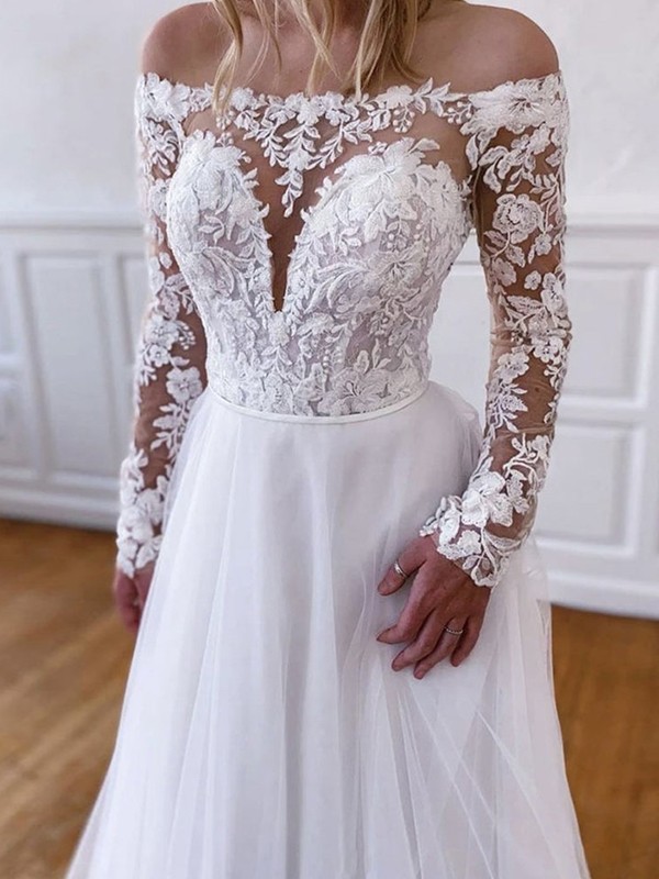 A-Line/Princess Tulle Lace Off-the-Shoulder Long Sleeves Sweep/Brush Train Wedding Dresses 1050