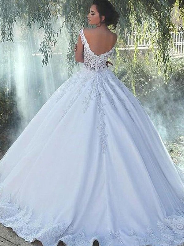 Ball Gown Scoop Sleeveless Sweep/Brush Train Lace Satin Wedding Dresses 1263